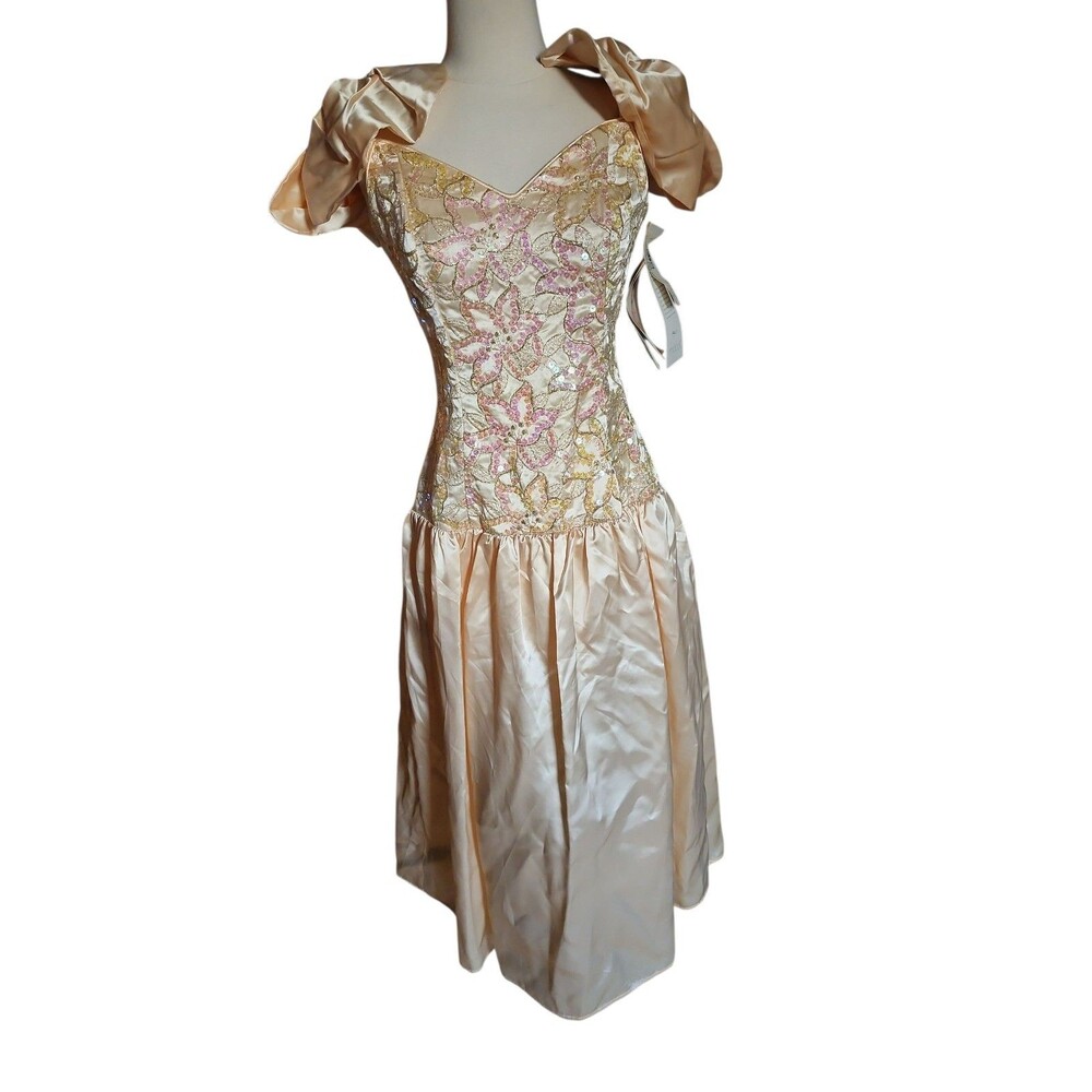 Jessica Mcclintock Gunne Sax Beaded Midi Prom Dress Juniors 9 Peach Drop Waist